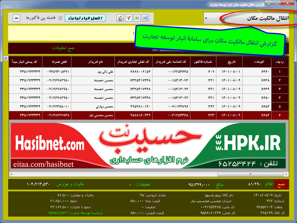 گزارش انتقال مالکیت مکان توسعه تجارت حسیب نت 